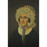 Oil on canvas. A portrait of a woman. Naive in style and probably mid nineteenth century. In a