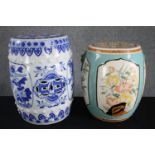 Two modern oriental style garden stools. Hand painted with floral decoration. H.46cm. (largest)