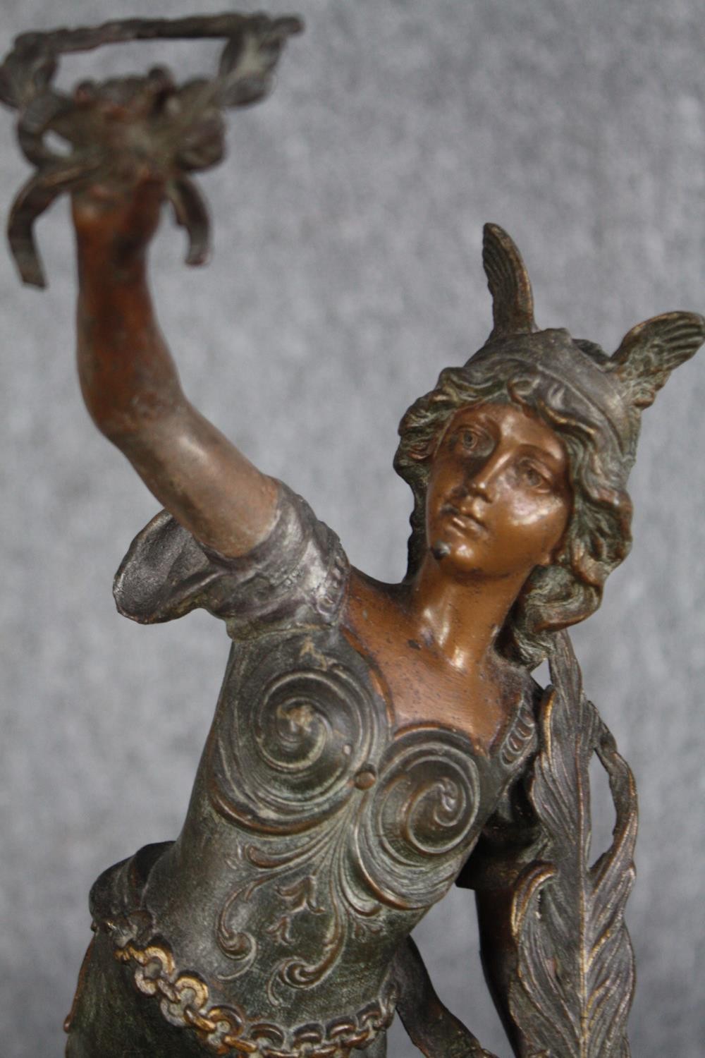 Two bronze effect spelter figures. A patinated allegory of War and Peace. On wooden bases. H.58cm ( - Image 4 of 6