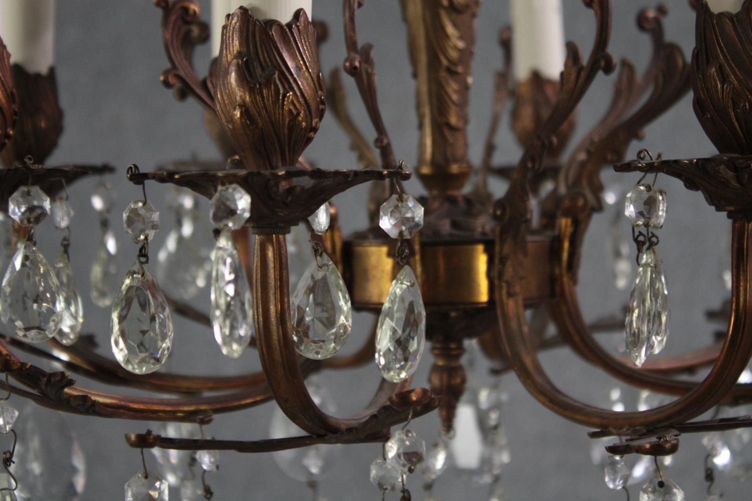 A French foliate design chandelier with seven branches. Brass decorated with hanging tear drop glass - Image 3 of 5