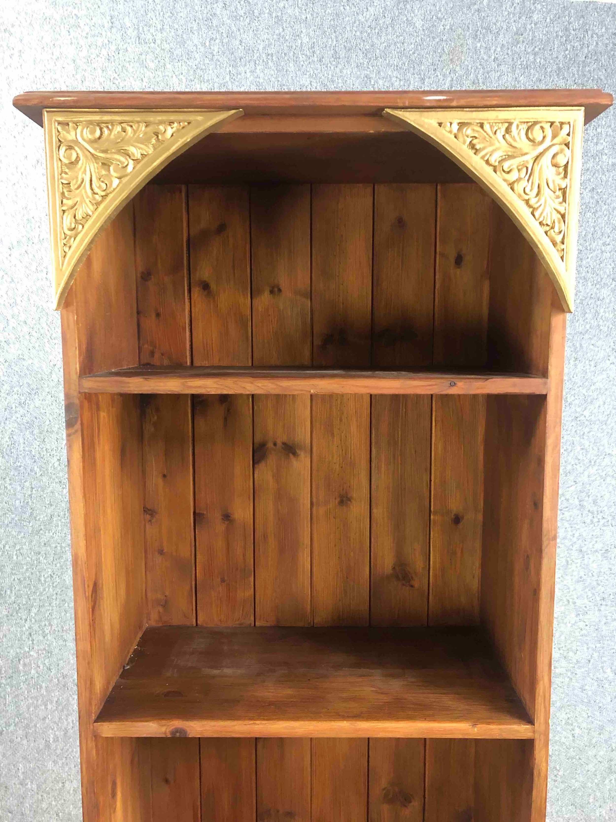 A full height pine open bookcase with carved and painted decoration. H.197 W.60 D.30cm. - Image 4 of 4