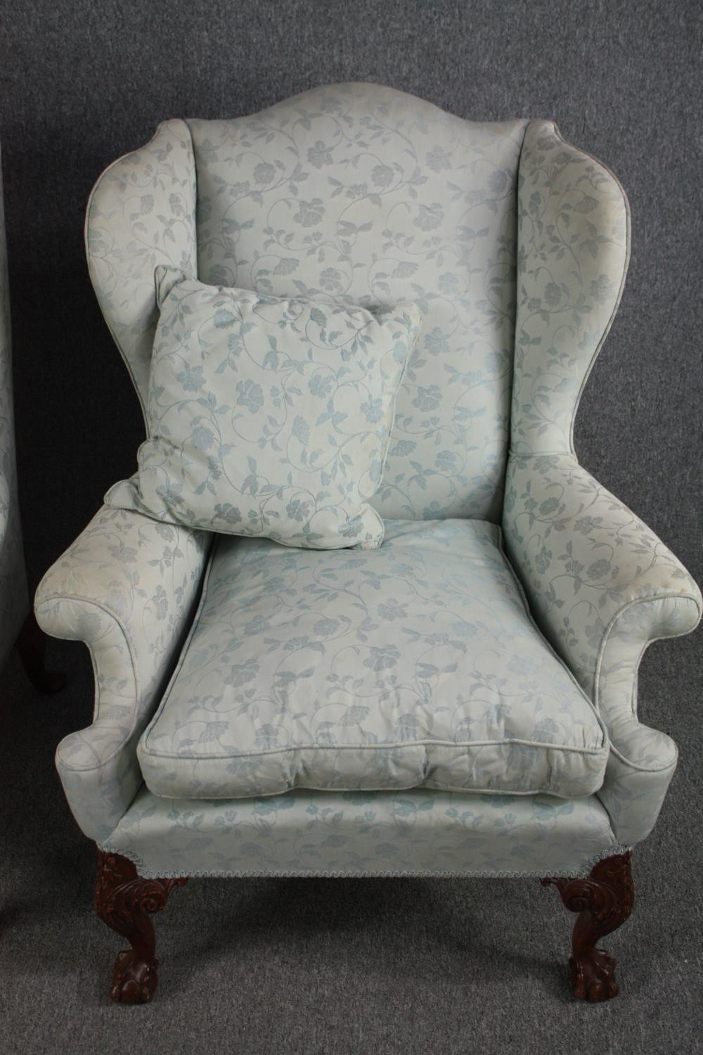 Armchairs, early Georgian wingback style on carved walnut cabriole supports. - Image 2 of 7