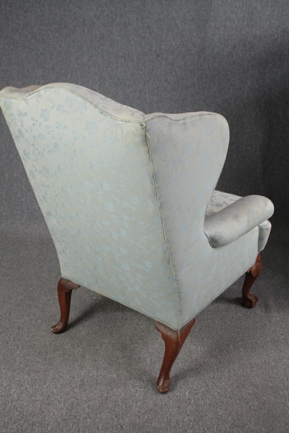 Armchairs, early Georgian wingback style on carved walnut cabriole supports. - Image 6 of 7