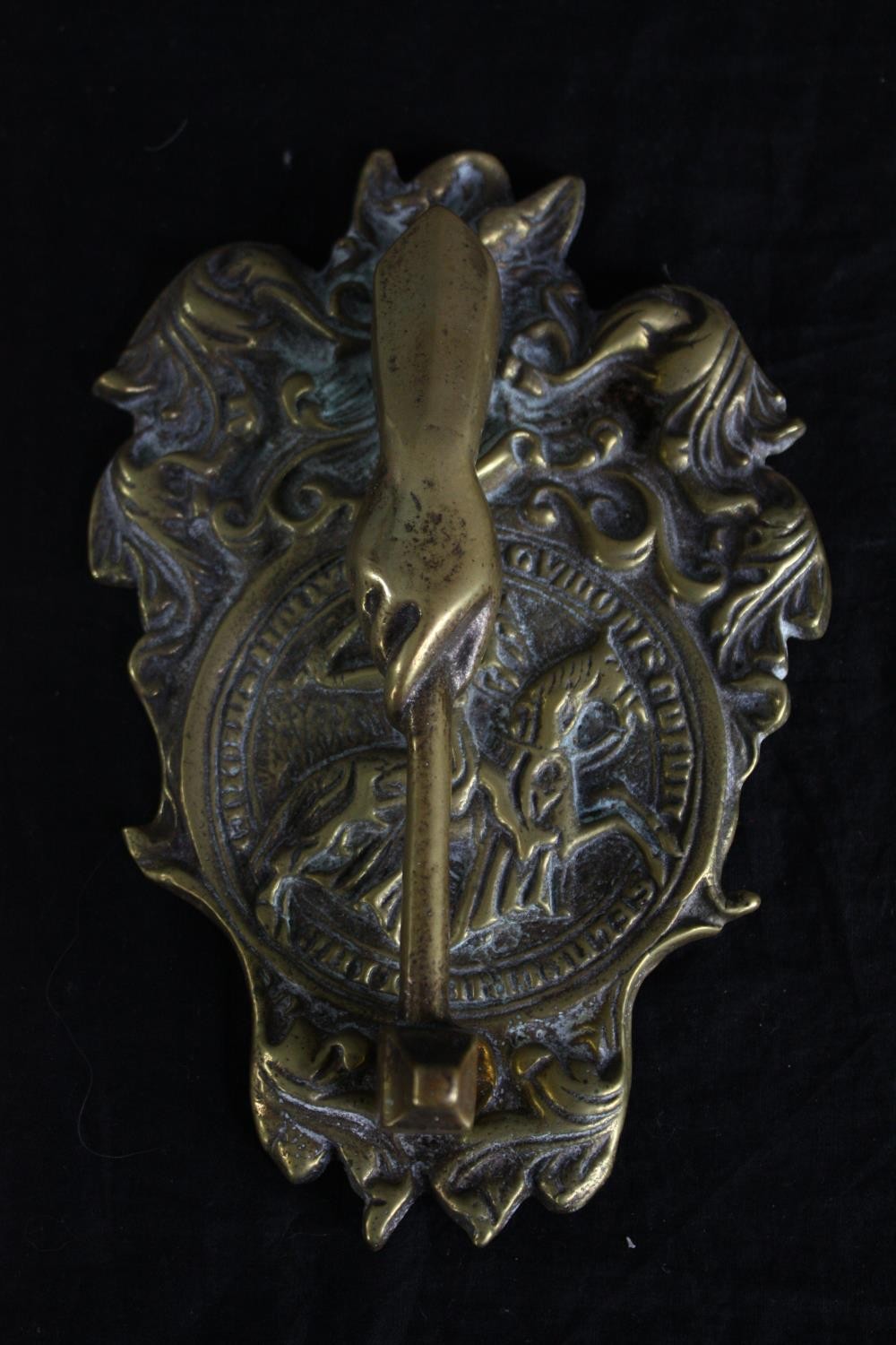 A mixed collection of brassware including a candle holder, knocker and stags head. H.37cm. (largest) - Image 4 of 7