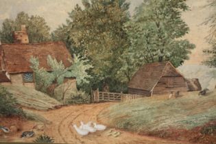 Watercolour. A rural cottage scene with ducks. Unsigned. Framed and glazed. H.48 W.65cm.