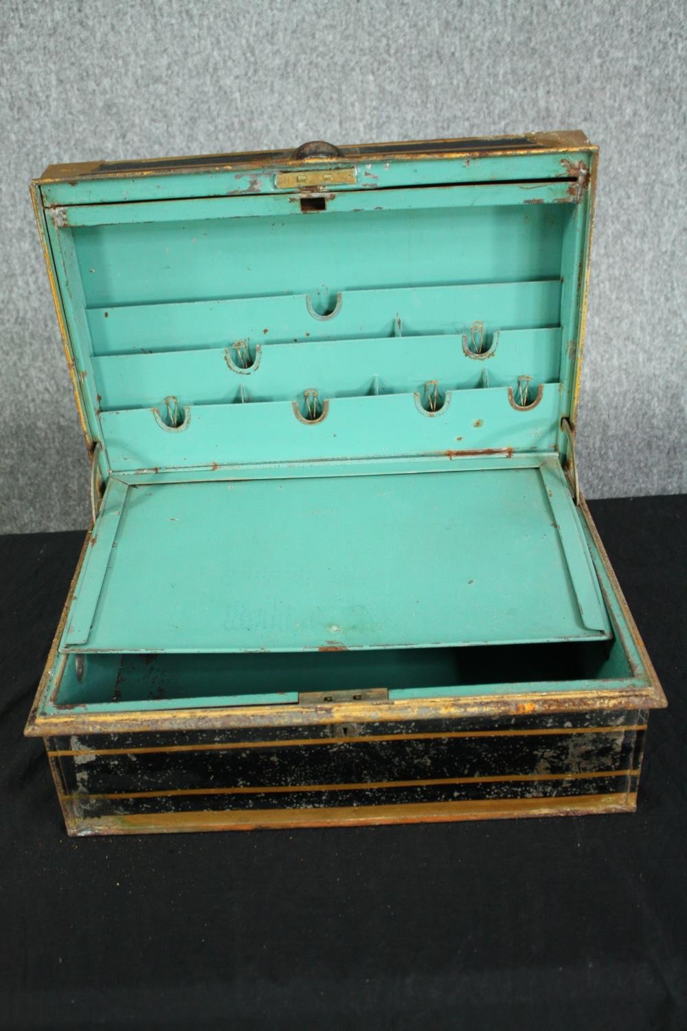 A Victorian metal deeds box with fitted interior. H.18 W.46 D.32cm. - Image 2 of 7