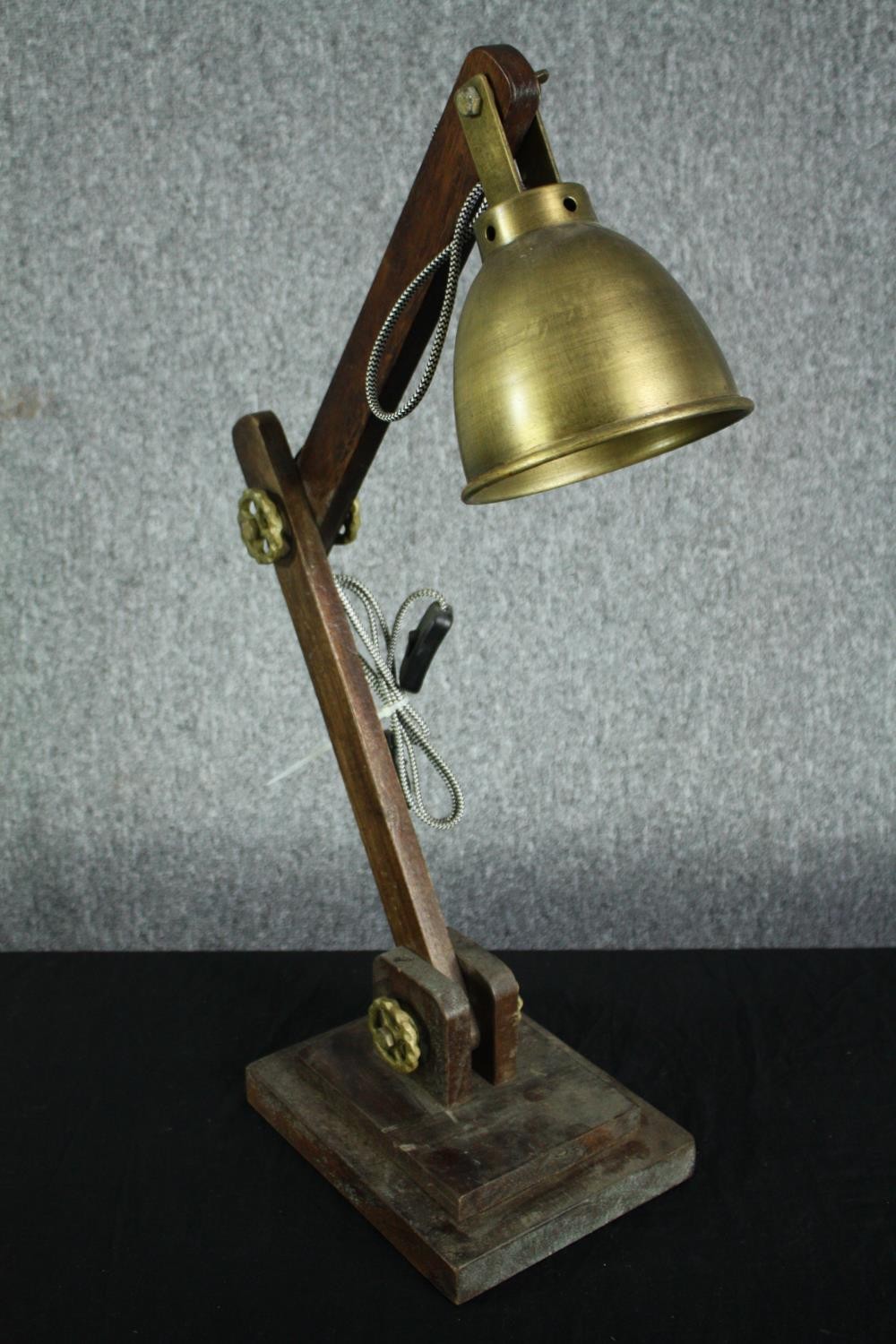 A wooden anglepoise type lamp with a metal shade and fixings. H.77cm. - Image 2 of 5