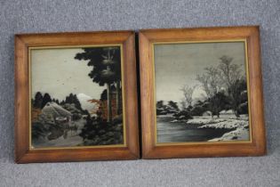 Two framed and glazed Japanese silk embroidery art pictures. Unsigned but by the same hand. H.71 W.
