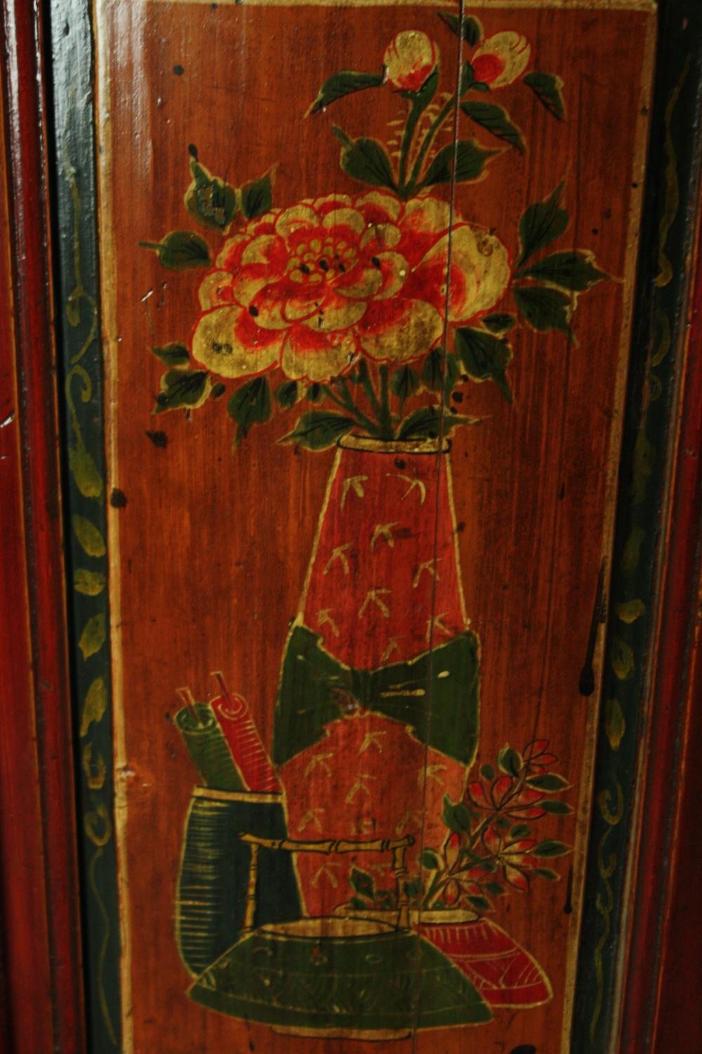 Hall or linen cupboard, C.1900 Chinese lacquered with hand decorated panel doors enclosing a shelved - Image 9 of 13