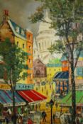 A mid twentieth century oil on canvas. A busy and vibrant Parisian street scene with the Sacre Coeur