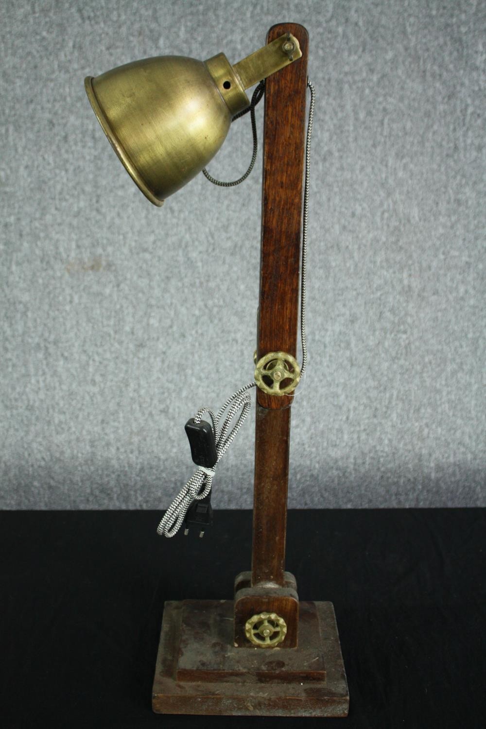 A wooden anglepoise type lamp with a metal shade and fixings. H.77cm. - Image 5 of 5