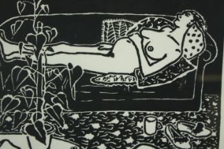 Sue Ambrose. Signed and numbered linocut. Titled 'Pregnant Women on Sofa' and dated 1983. Framed and