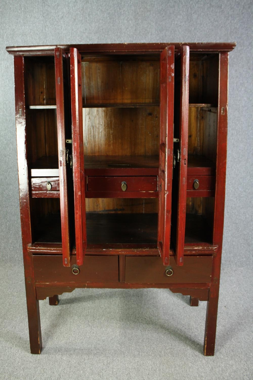 Hall or linen cupboard, C.1900 Chinese lacquered with hand decorated panel doors enclosing a shelved - Image 5 of 13