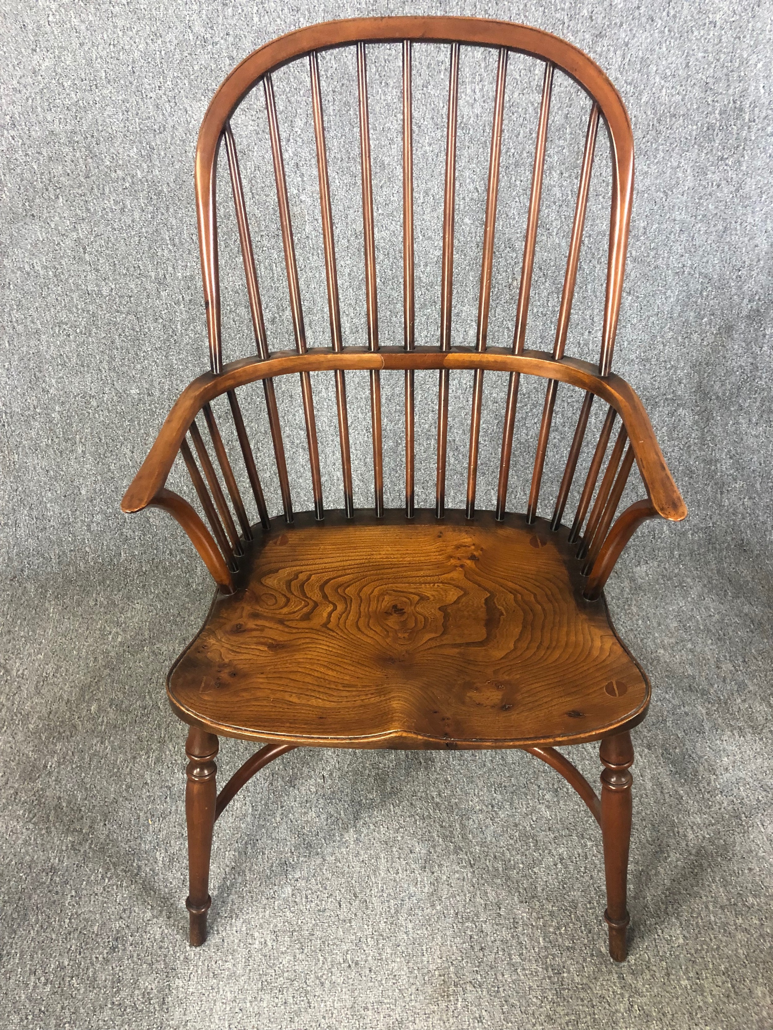 Dining chairs, a set of eight Windsor stick back style in yew with elm saddle seats on crinoline - Image 8 of 12