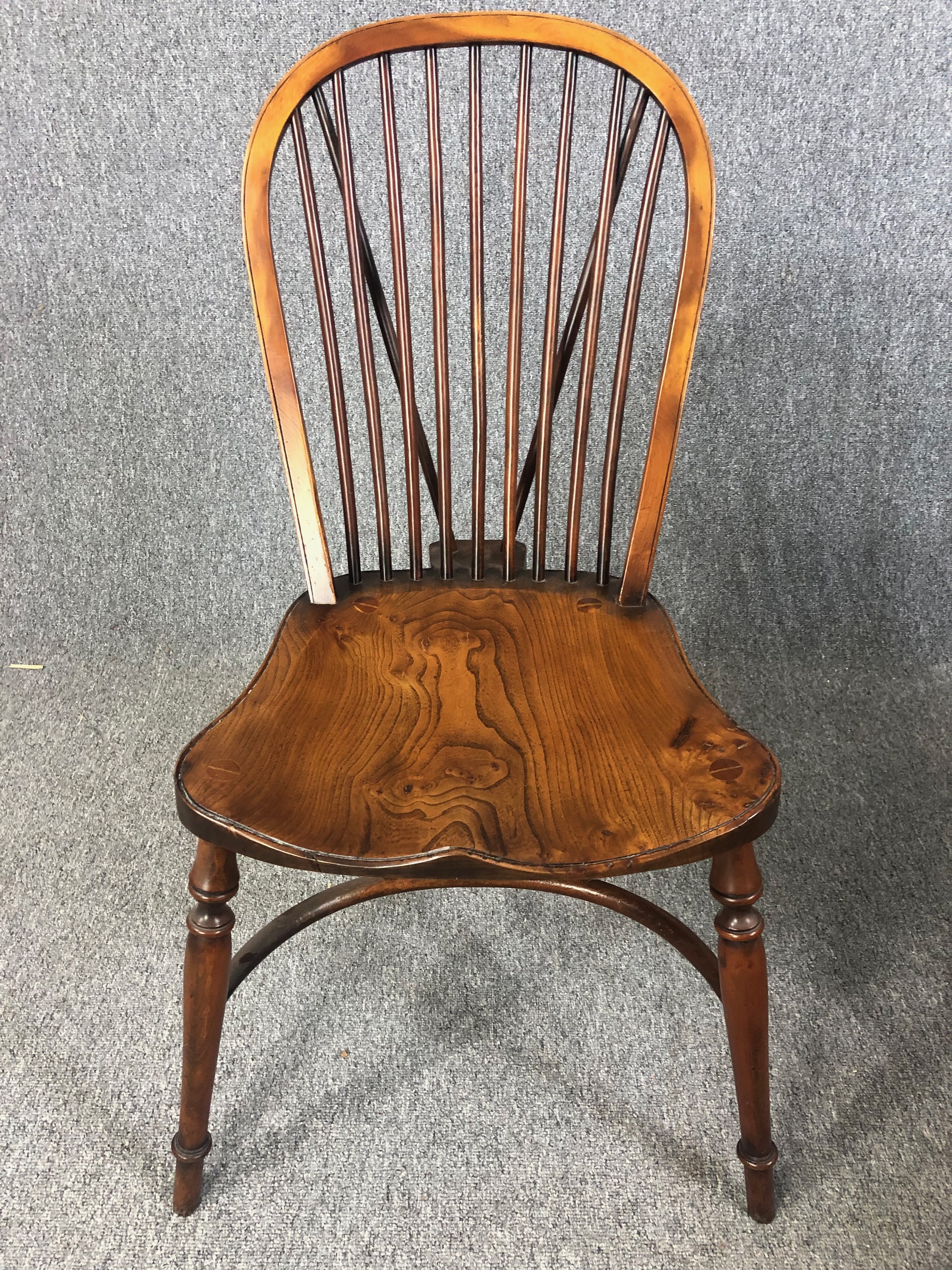 Dining chairs, a set of eight Windsor stick back style in yew with elm saddle seats on crinoline - Image 3 of 12