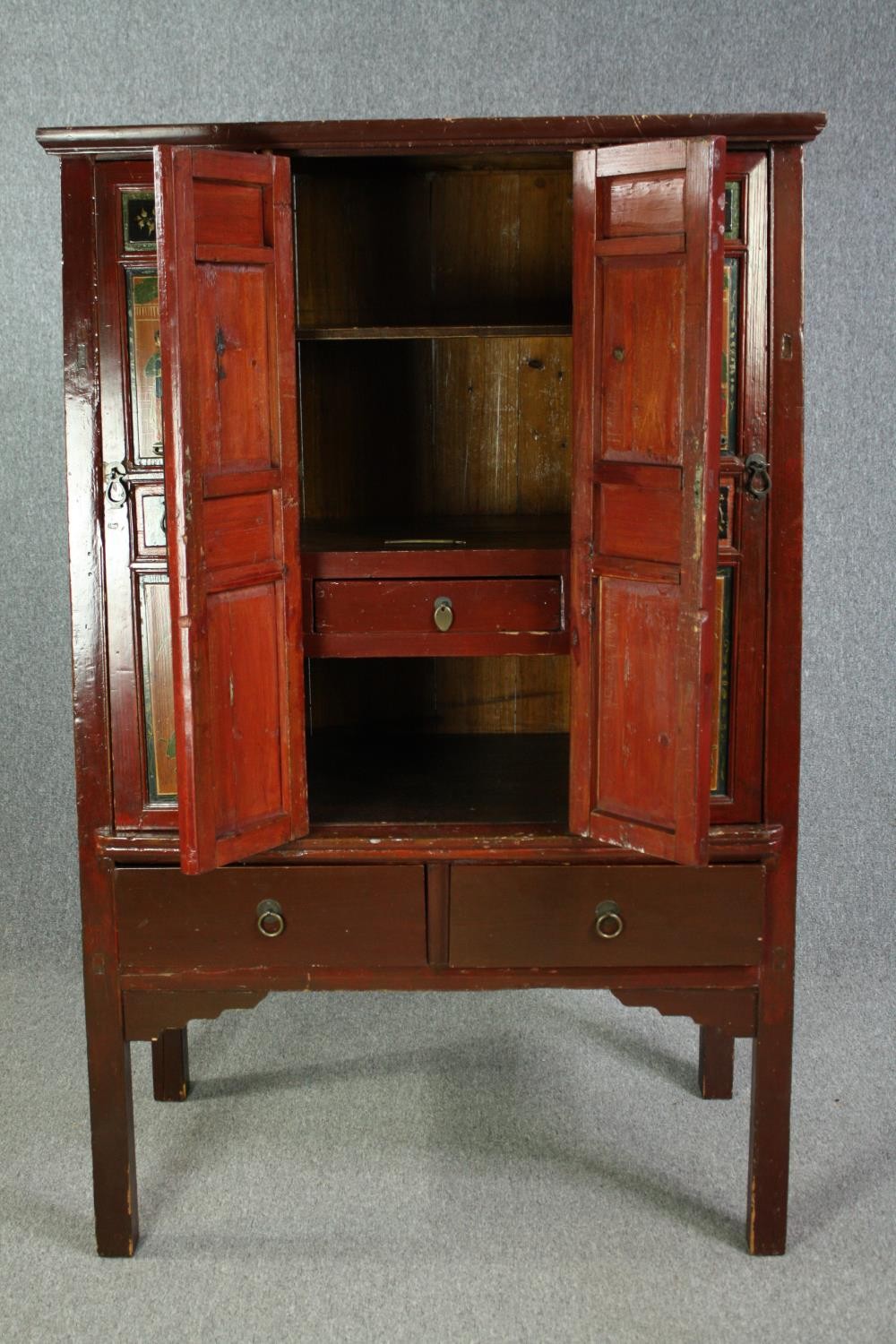 Hall or linen cupboard, C.1900 Chinese lacquered with hand decorated panel doors enclosing a shelved - Image 4 of 13