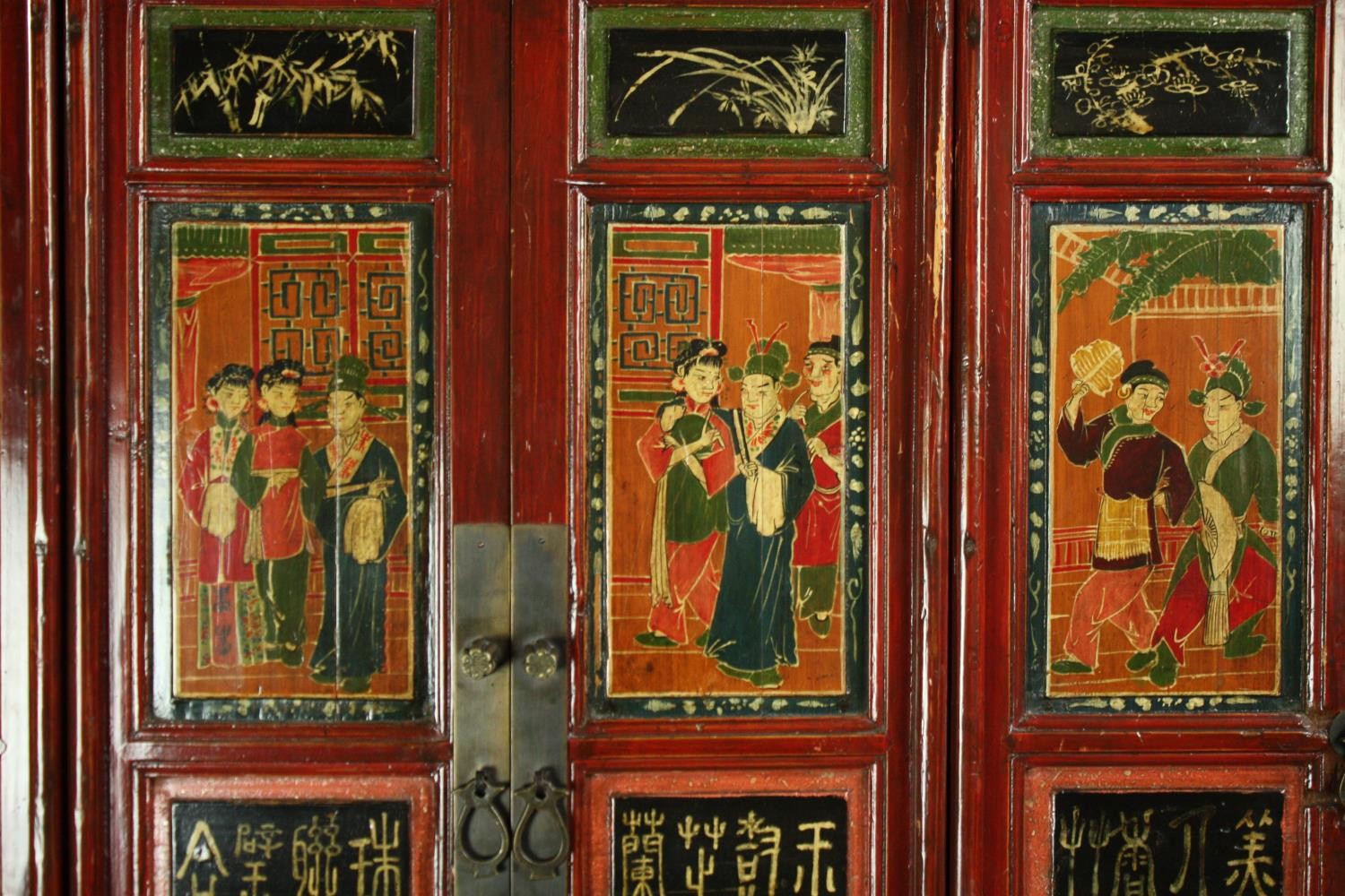Hall or linen cupboard, C.1900 Chinese lacquered with hand decorated panel doors enclosing a shelved - Image 7 of 13