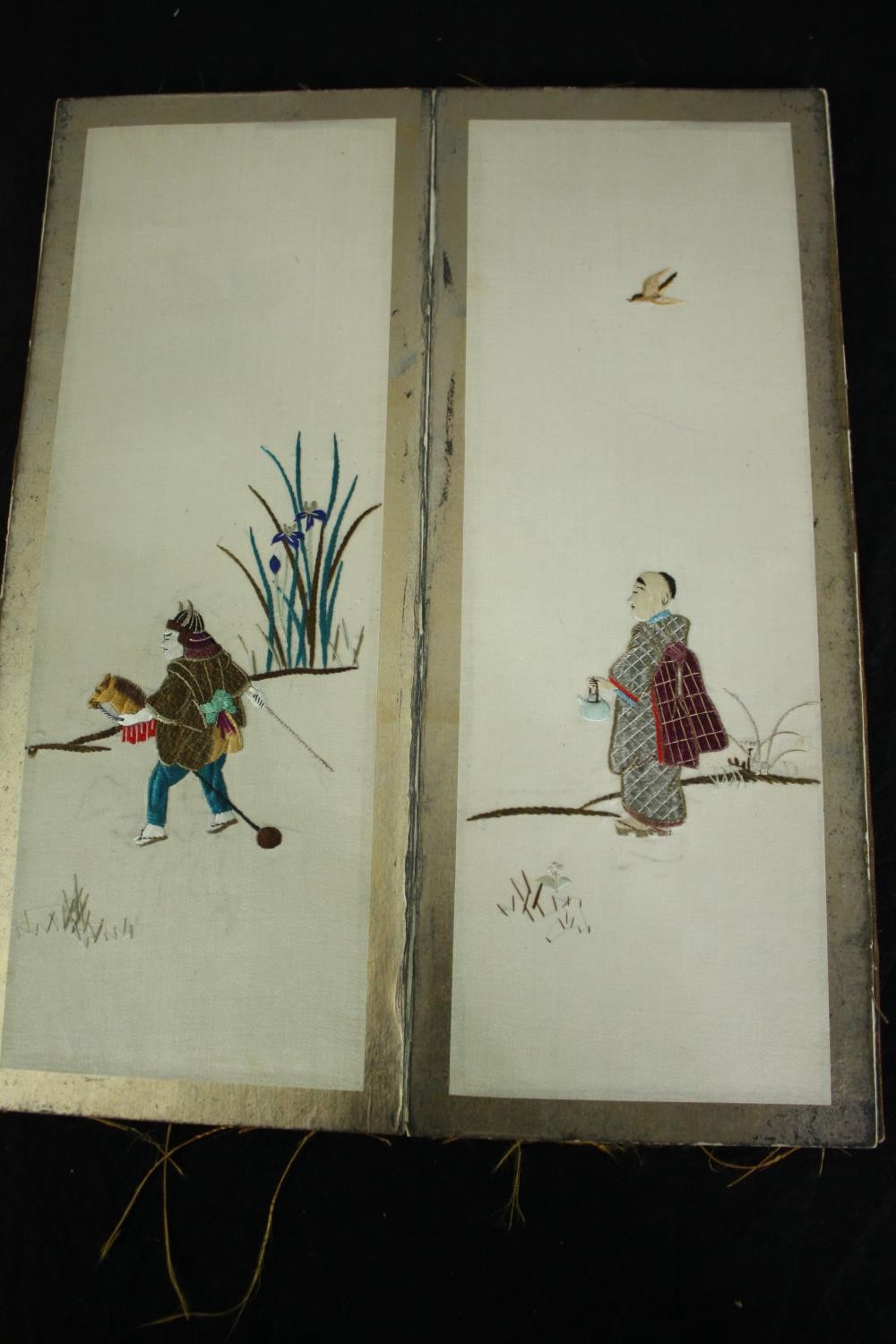 A folding concertina book of Chinese silk embroidered panels. Each containing a figure with - Image 4 of 7