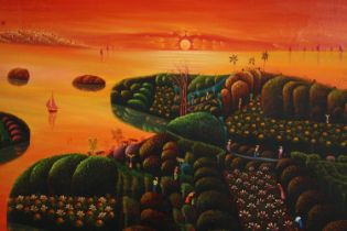 Mario Montilus (Haitian b.1961). Oil painting on canvas. Sunset. Signed lower left. Framed. H.80 W.