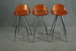 High stools, three mid century style with laminated backs and seats on chrome base. H.80cm. (each)