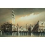 Ink and watercolour on cloth. A view of St. Marks, Venice. Signed indistinctly lower right and dated