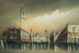 Ink and watercolour on cloth. A view of St. Marks, Venice. Signed indistinctly lower right and dated