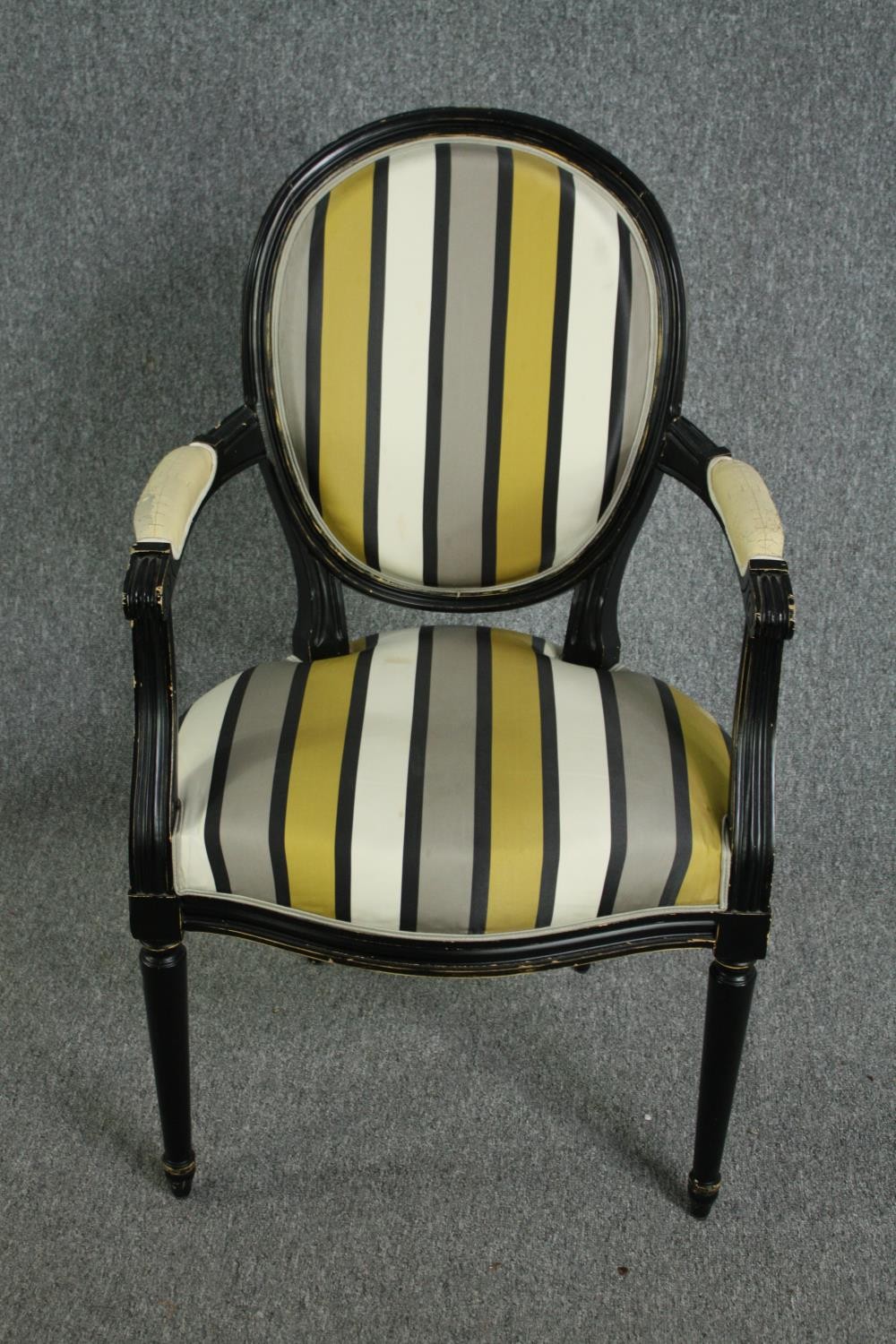 A set of four contemporary Louis XVI style armchairs with ebonised frames in striped upholstery. H. - Image 2 of 6