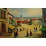 R. A. White. A south American townscape. Well populated with figures around a market. With a small