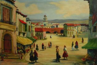 R. A. White. A south American townscape. Well populated with figures around a market. With a small