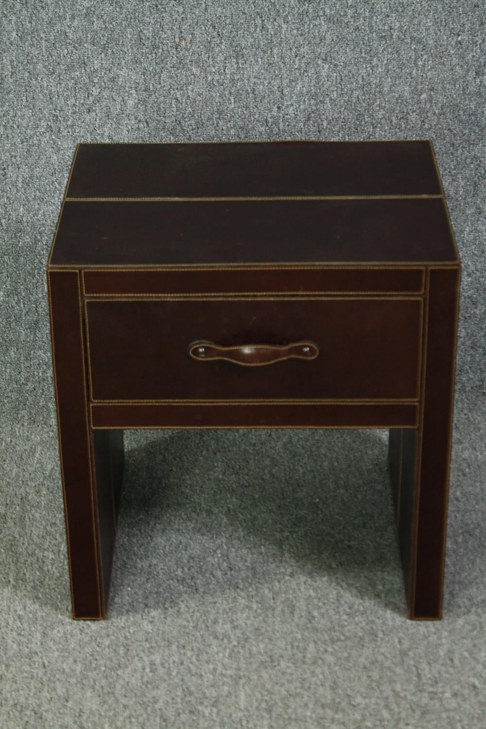 A pair of contemporary bedside cabinets covered in stitched leather. H.53 W.50 D.44cm. - Image 2 of 5