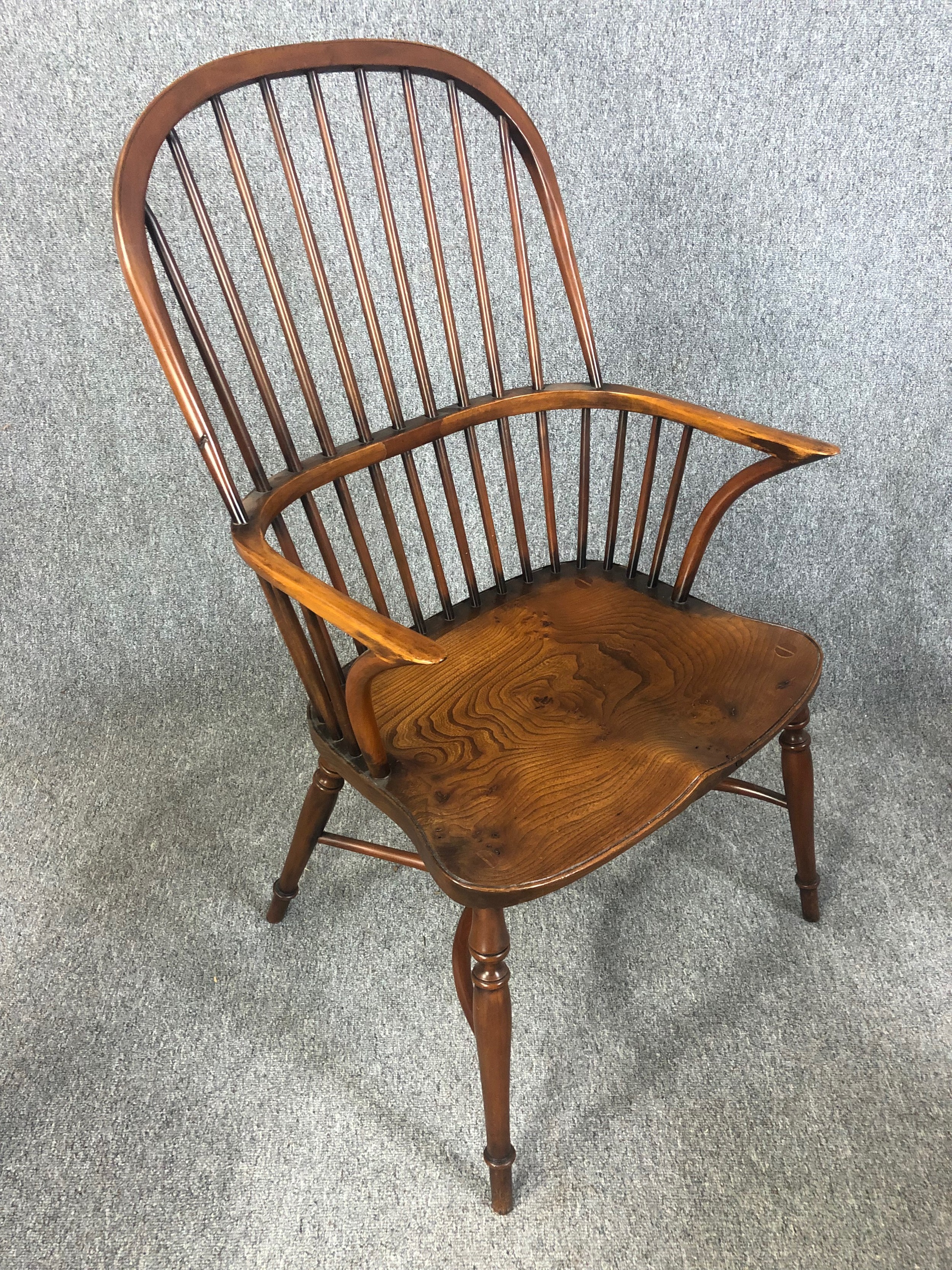 Dining chairs, a set of eight Windsor stick back style in yew with elm saddle seats on crinoline - Image 9 of 12