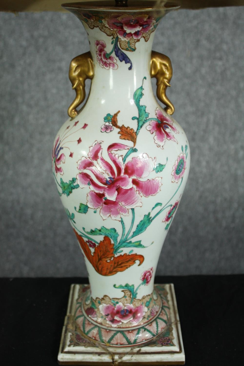 A 19th century hand painted porcelain vase turned table lamp decorated with stylised flowers and - Image 2 of 5