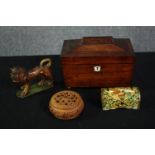 Miscellaneous. A carved lion figure, a Regency rosewood tea caddy, incense bowl, and a small hand