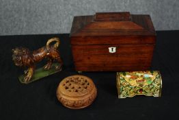 Miscellaneous. A carved lion figure, a Regency rosewood tea caddy, incense bowl, and a small hand