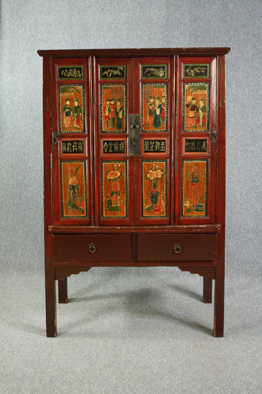 Hall or linen cupboard, C.1900 Chinese lacquered with hand decorated panel doors enclosing a shelved