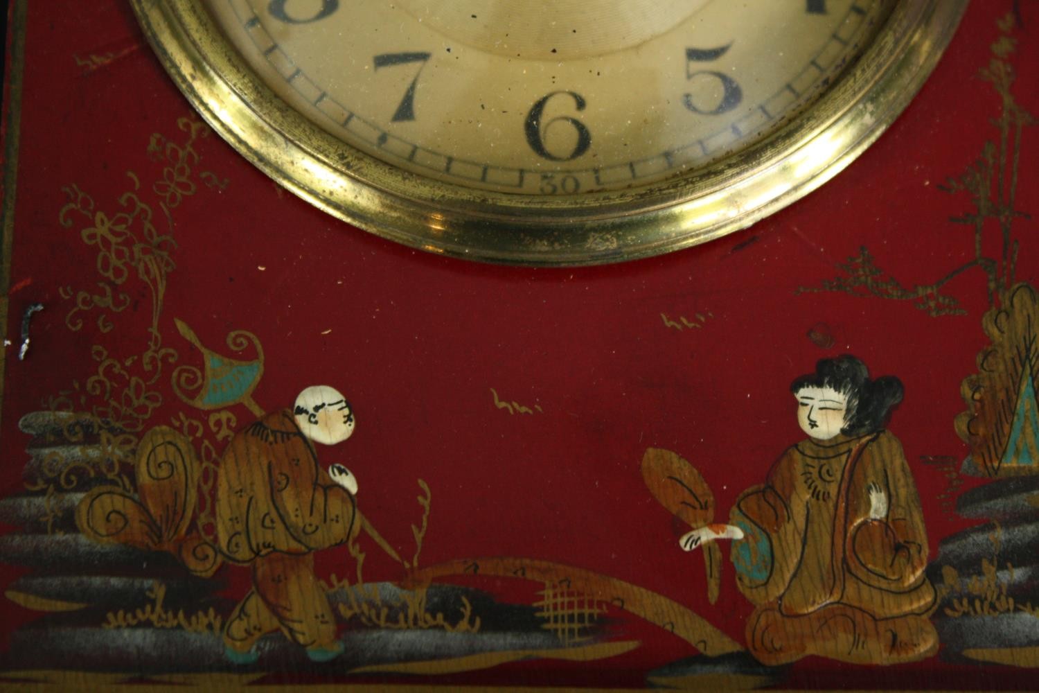 An early twentieth century Chinoiserie mantle clock. In a hand painted and lacquered wooden case. - Image 6 of 6