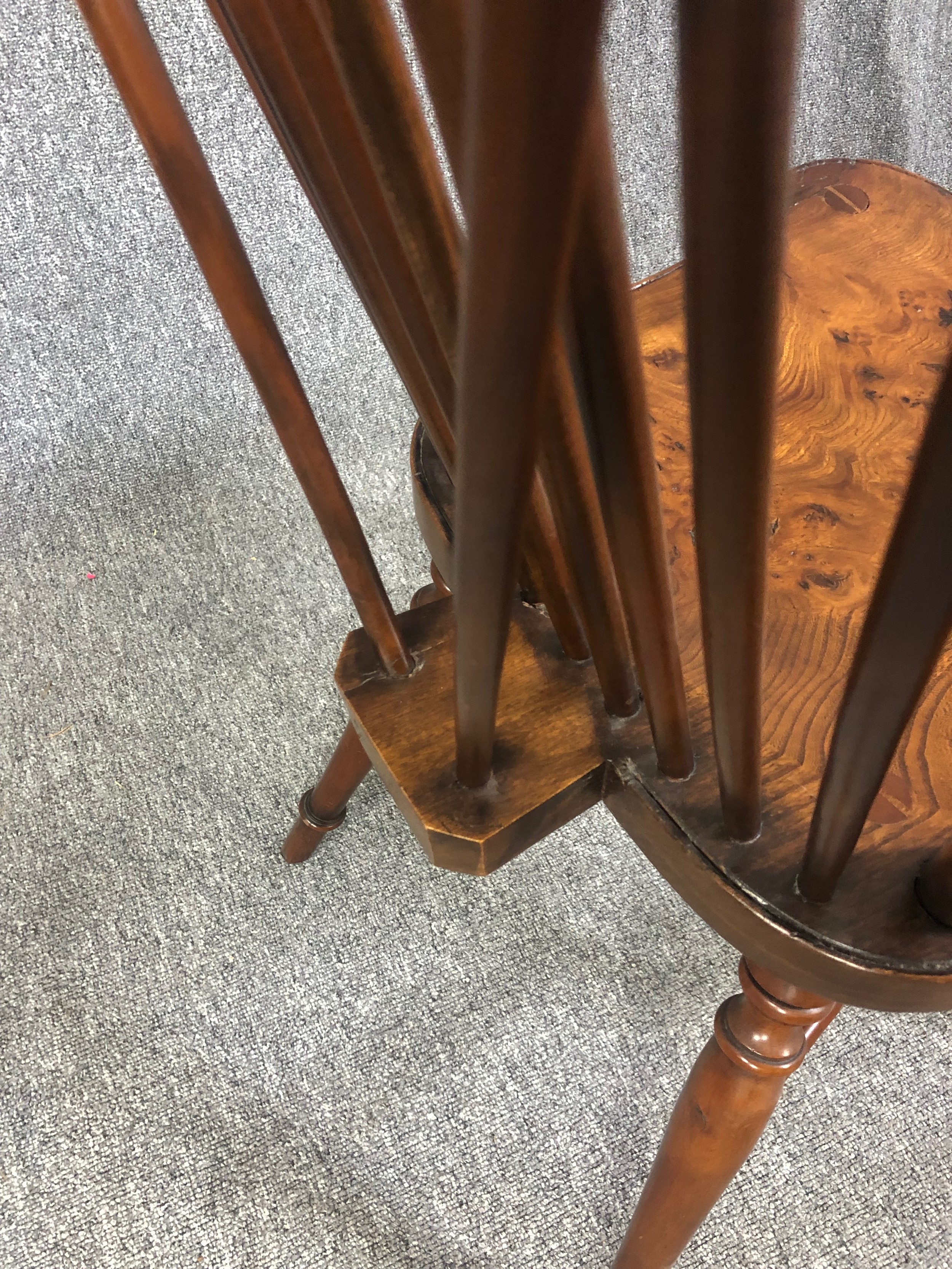 Dining chairs, a set of eight Windsor stick back style in yew with elm saddle seats on crinoline - Image 12 of 12