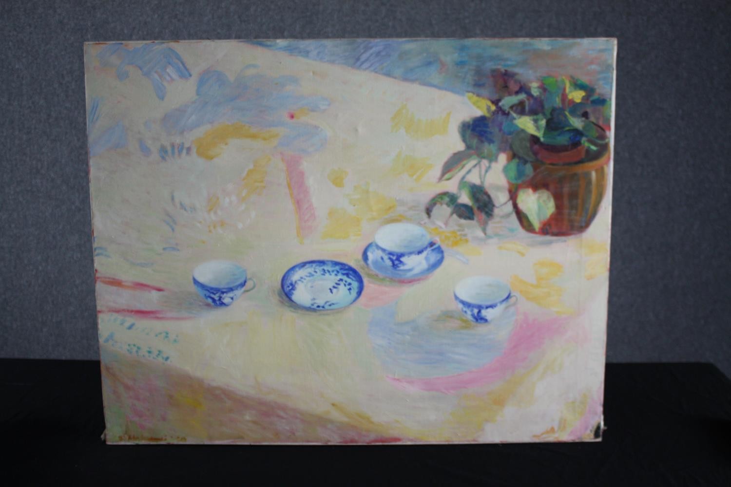 Oil painting on canvas. Still life with tea and flowers. Signed indistinctly lower left. H.73 W. - Image 2 of 4