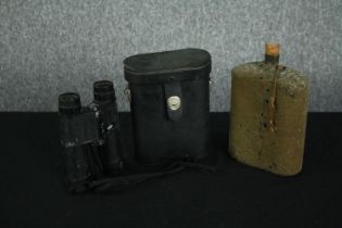 A British WWI water canteen and a pair of Swift Trilyte Mk III binoculars. H.23cm. (largest)