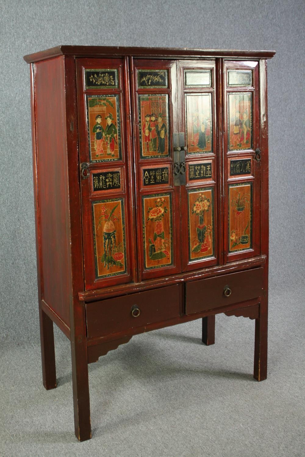 Hall or linen cupboard, C.1900 Chinese lacquered with hand decorated panel doors enclosing a shelved - Image 2 of 13