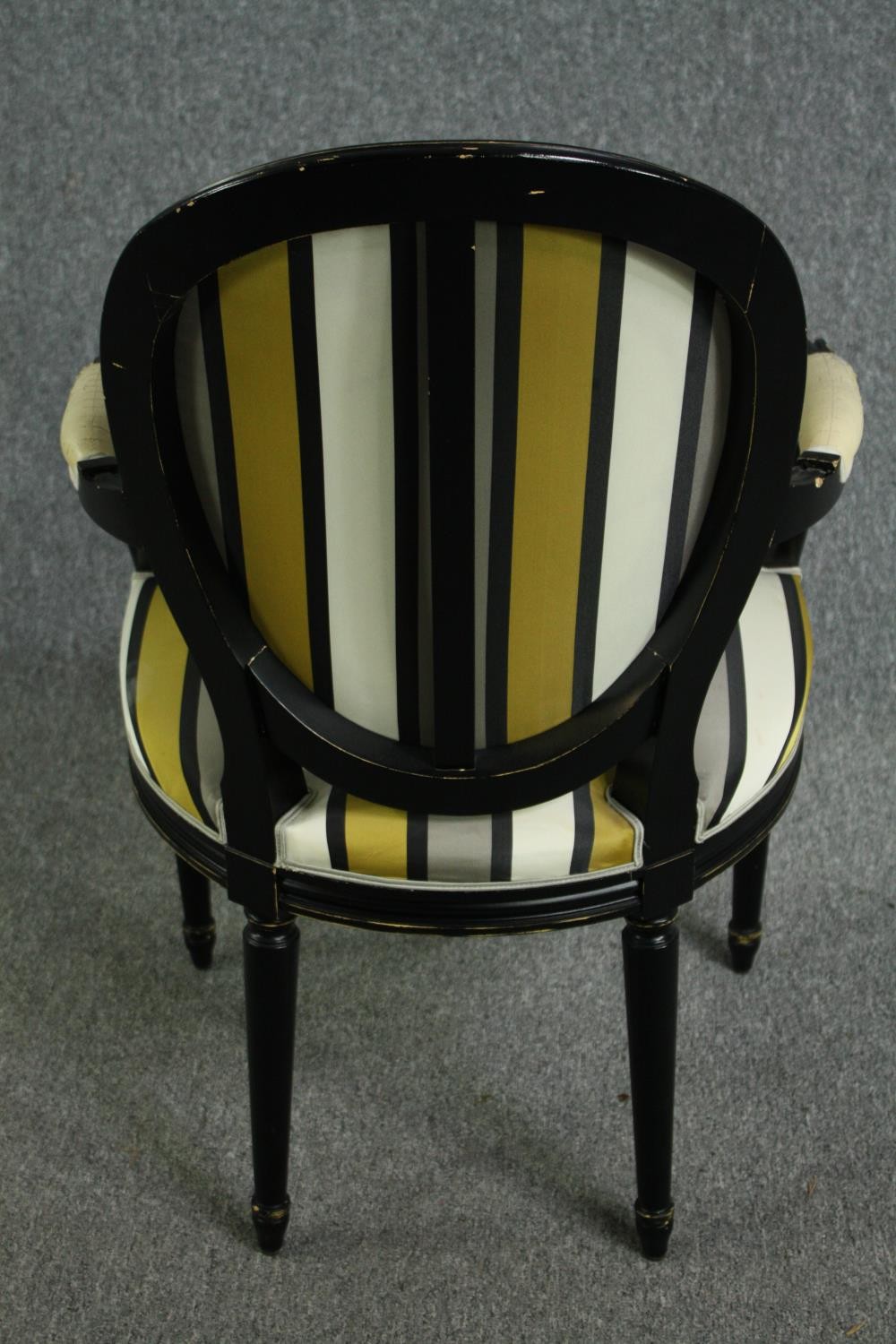 A set of four contemporary Louis XVI style armchairs with ebonised frames in striped upholstery. H. - Image 5 of 6