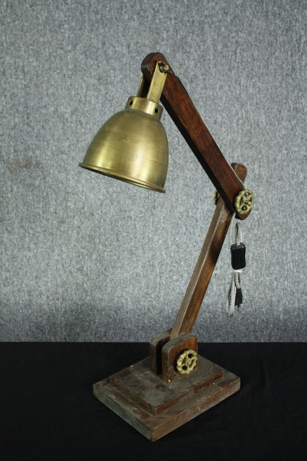 A wooden anglepoise type lamp with a metal shade and fixings. H.77cm. - Image 3 of 5