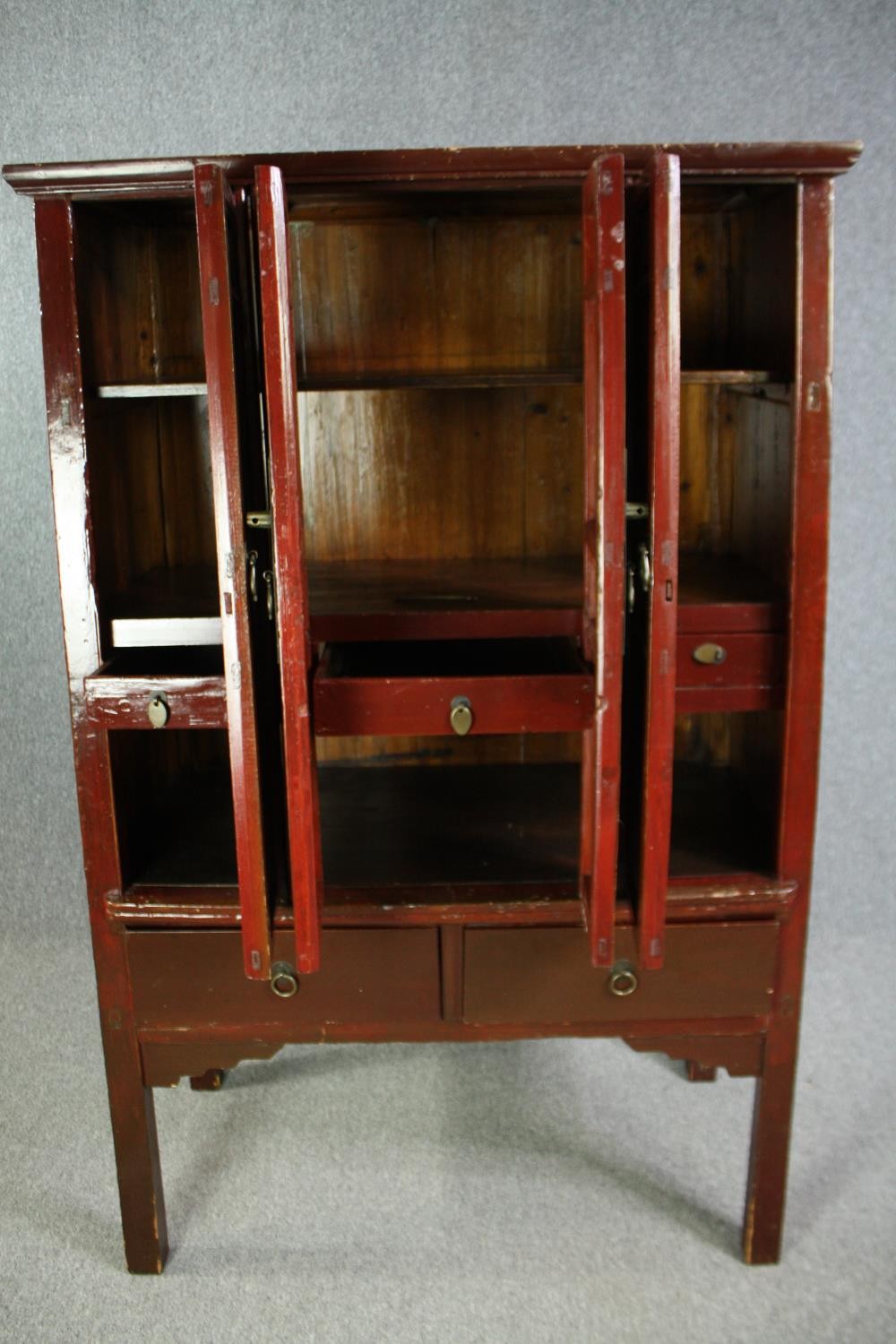 Hall or linen cupboard, C.1900 Chinese lacquered with hand decorated panel doors enclosing a shelved - Image 6 of 13
