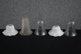 Five glass lampshades. White glass, opaque and cut glass. H.16cm. (largest)