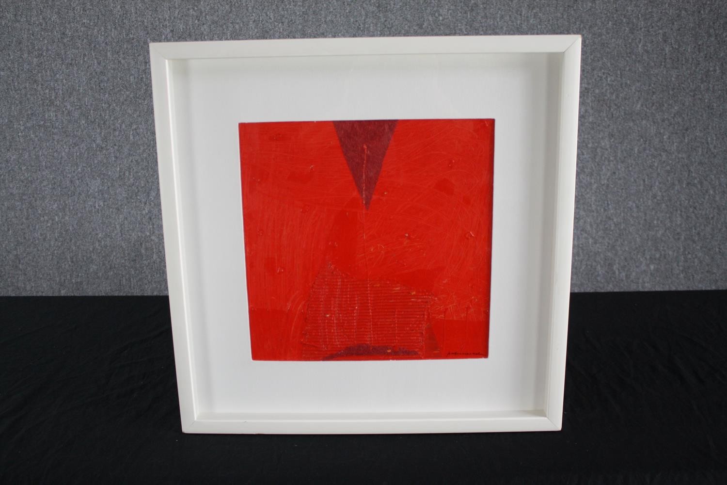 Mixed media painting. Red abstract. Unsigned. Framed. H.51 W.51cm. - Image 2 of 6
