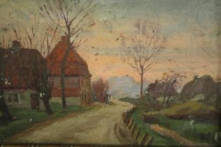 Oil painting on board. A rural village scene. Signed indistinctly lower right. Early twentieth
