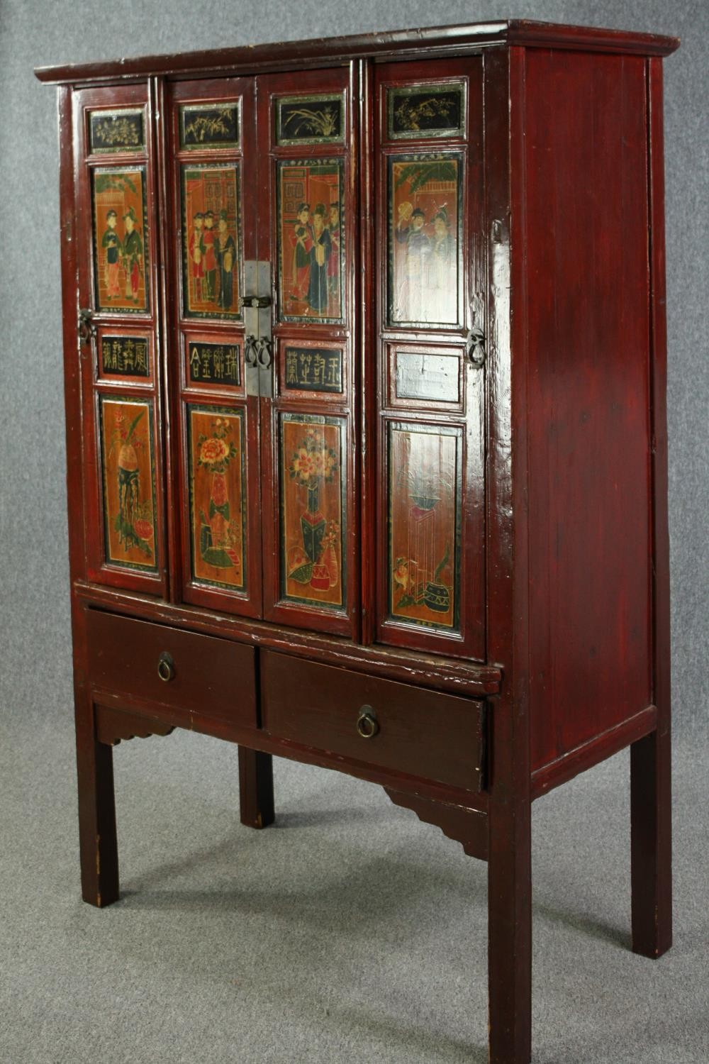 Hall or linen cupboard, C.1900 Chinese lacquered with hand decorated panel doors enclosing a shelved - Image 3 of 13