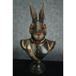 A rabbit bust in Napoleonic uniform. Poly-resin and hand painted. H.42cm.