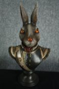 A rabbit bust in Napoleonic uniform. Poly-resin and hand painted. H.42cm.