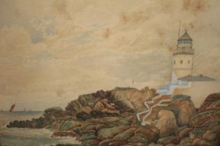 Watercolour painting. A lighthouse scene. Signed 'Frank Walker'. Circa 1900. Framed. H.39 W.46cm.